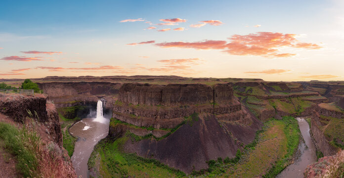 Panoramic View of Waterfall in the American Mountain Landscape. Sunset Sky Art Render. Palouse Falls State Park, Washington, United States of America. Nature Background Panorama