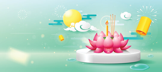 Loy Krathong Festival in Thailand banner design with Full moon,lanterns and copy space for text.Celebration and Culture of Thailand-Vector Illustration