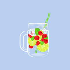 Lemonade in drinking can and slices of fresh fruit and berries