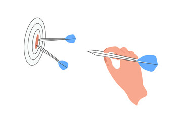 Human hand with dart and target isolated on white