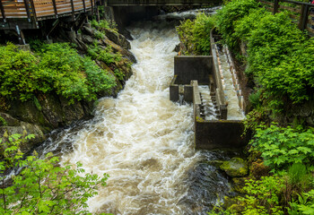 Wooden salmon ladder to hatchery by fast running creek in the town of Ketchikan Alaska