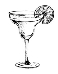 Classic Alcoholic Cocktail in a glass. Vector illustration of cold summer Beverage for bar menu design or icon. Hand drawn sketch