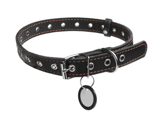 Black leather dog collar with tag isolated on white