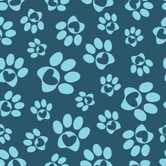 Fototapeta premium Pet paw seamless pattern.Vector illustration with paw and hearts on blue background. It can be used for wallpapers, wrapping, cards, patterns for clothes and other.