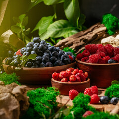wild berries in a clay plate in a forest clearing.