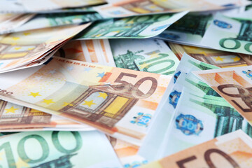 Obraz na płótnie Canvas Different Euro banknotes as background, closeup. Money exchange