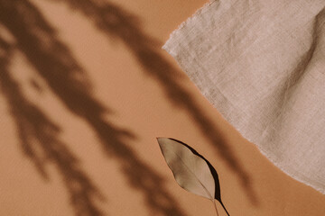 Linen fabric, decorative dried eucalyptus, overlay shadows on pastel orange background.