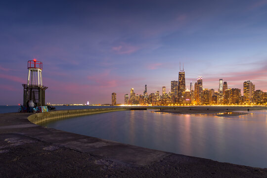 View of the Chicago downtown over lake Michigan.