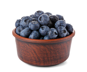 Tasty fresh ripe blueberries in bowl on white background