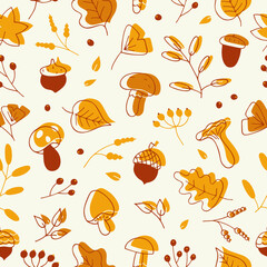Vector seamless pattern of autumn leaves, twigs, berries, acorns and mushrooms. Abstract background from hand drawn botanical elements, cartoon plants. Trendy floral texture from cute doodles, season 