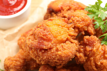 Tasty deep fried chicken pieces served on table, closeup