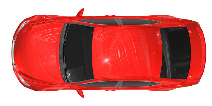 Car Isolated On White - Red Paint, Tinted Glass - Top View - 3d Rendering