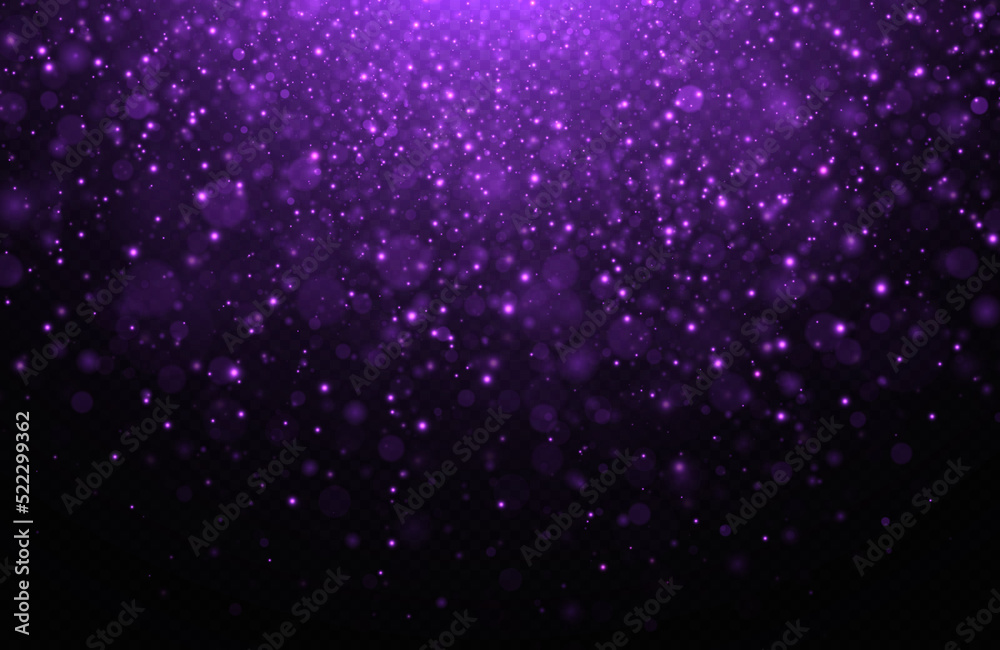 Wall mural glowing background of sparkles particles. blurred bokeh twinkle on transparent background. purple gl