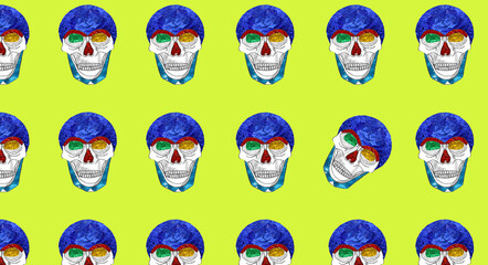 human skull with colorful water parts on it copied all over the green background, only one skull is distorted, break the pattern 