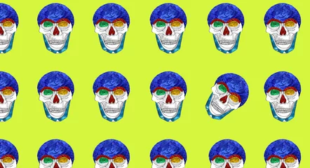 Tuinposter Schedel human skull with colorful water parts on it copied all over the green background, only one skull is distorted, break the pattern 