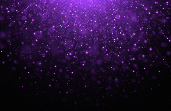 Glowing background of sparkles particles. Blurred bokeh twinkle on transparent background. Purple glitter light effect.