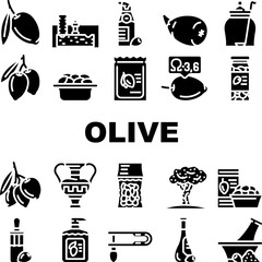 olive oil green branch leaf icons set vector. food tree, black greek plant, white mediterranean fruit, virgin italy leaves organic olive oil green branch leaf glyph pictogram Illustrations