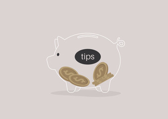 A transparent piggy bank with a sigh tips on it, service industry gratuity
