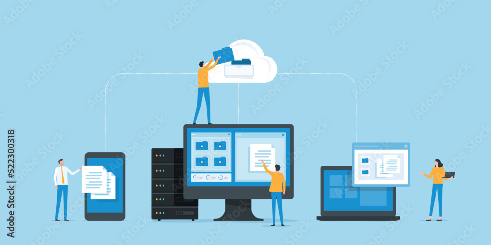 Poster flat vector business technology document management system storage backup concept and cloud server service with administrator and developer team working concept