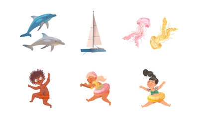 Happy Little Girl Character in Swimsuit and Rubber Ring and Dolphin with Sea Jelly Vector Set