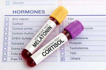 Blood test tubes for levels analysis of melatonin and cortisol hormones that regulate wakefulness...