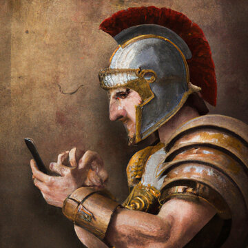 Soldado de Esparta usando celular, pintura a &oacute;leo