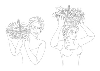 Collection. Silhouettes of a girl in a headscarf. The lady is holding a basket of grapes and bananas in her hands. Woman in modern one line style. Solid line, outline, logo. Vector illustration, set.