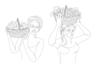 Collection. Silhouettes of a girl in a headscarf. The lady is holding a basket of grapes and bananas in her hands. Woman in modern one line style. Solid line, outline, logo. Vector illustration, set.