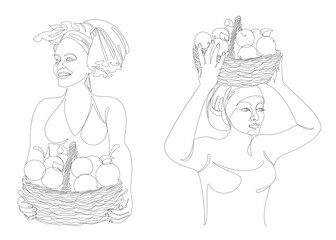 Collection. Silhouettes of a girl in a headscarf. The lady is holding a basket of apples in her hands. oranges. Woman in modern one line style. Solid line, outline, stickers, logo. Vector illustration