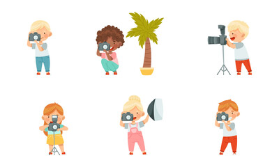 Little Boy and Girl Holding Camera and Taking Photo Vector Illustration Set