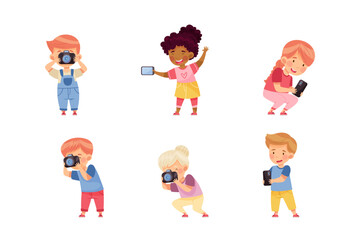 Little Boy and Girl with Smartphone and Camera Taking Photo Vector Illustration Set