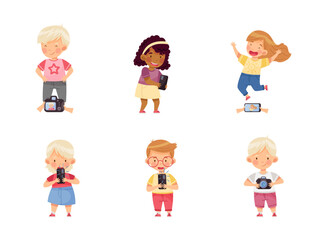 Little Boy and Girl with Smartphone and Camera Taking Photo Vector Illustration Set