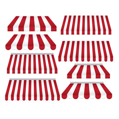 A set of striped red and white awnings.Canopy or roof for store or market.Tent of shop.Cafe sunshade.Circus concept.Realistic vector illustration isolated.3d mockup or template.Shopping concept.