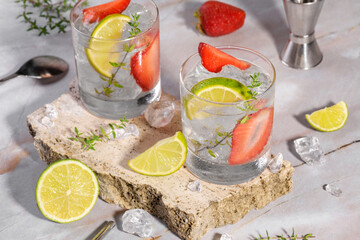 Cold summer strawberry cocktail mojito, margarita, daiquiri. Two glasses with fresh strawberry soda drink, ice and bartender tools on travertine podium on pink marble background with hard light