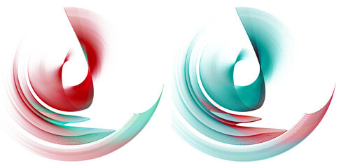 Wavy and beautifully curved, in red and turquoise stripes, the planes rotate on a white background. Icon, logo, symbol, sign. Set of graphic elements design. 3d rendering. 3d illustration.