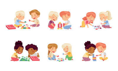 Children Playing Toy Blocks and Jigsaw Puzzle Sitting on the Floor in Nursery Vector Set