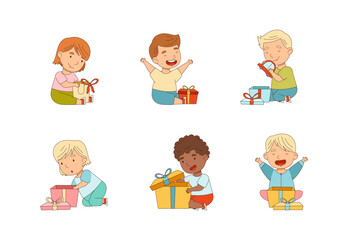 Excited Little Children Opening Gift Box Rejoicing at Present Vector Set