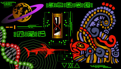 Conceptual illustration about time, space and ancient Mayan and Toltec symbols and masks