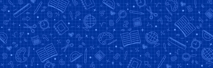 Graph blue background with hand drawn school stationery icons. Back to school concept. Vector illustration