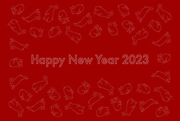 2023年卯年の年賀状イラスト: 赤背景のうさぎ模様 