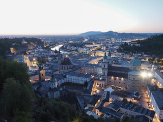 Fototapeta premium Aerial view of Salzburg at night