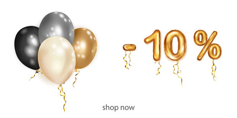 Obraz premium Discount creative illustration with white, black and gold helium flying balloons and golden foil numbers. 10 percent off. Sale poster with special offer on white background