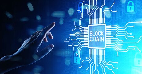 Blockchain technology concept on virtual screen. Cryptography and cryptocurrency.
