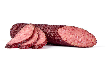 Hot smoked salami sausage, isolated on white background.