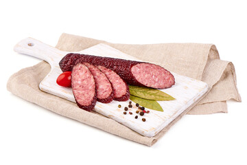Hot smoked salami sausage, isolated on white background.