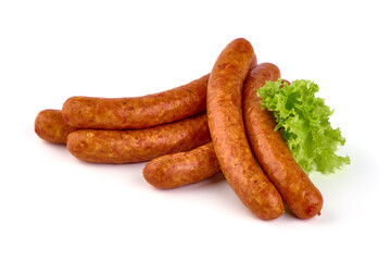 Dried pork sausages, isolated on white background.