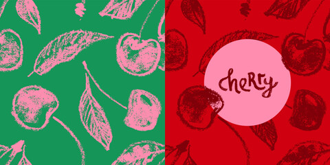 Color Cherry seamless pattern, Black Cheries vector illustration, hand drawn berry for vegan banner, juice, jam label design. Ripe berries background for baby food packaging. Cherry backdrop.