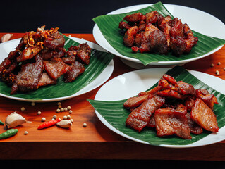 Fried pork with garlic and pepper on plate, Thai food