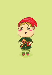 Cute picture of a Christmas elf in a green jacket and red hat with a gift and a lollipop in his hands on a light green background. Christmas card with a little elf.