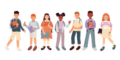 Cartoon isolated diverse group of cute children students of primary school standing with backpacks, bags and books, happy little girls and boys wave hand. Schoolchildren set vector illustration